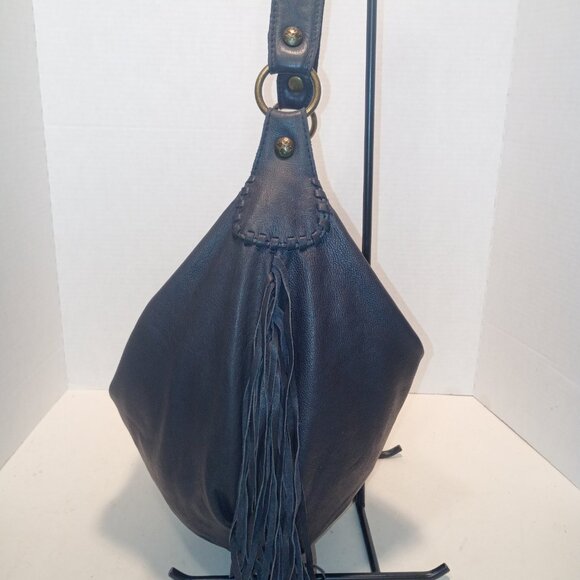 PATRICIA NASH "Vincenzo" Dark Navy Leather Super Slouchy Big Hobo Bag w Fringe - Picture 5 of 15